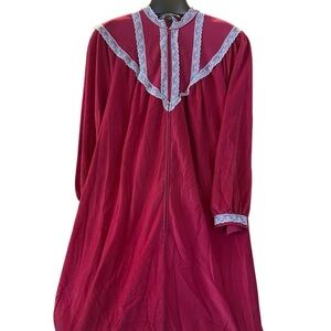 Vintage 70s Komar Raspberry Nightgown / House Dress Lace Long Sleeve Cottagecore